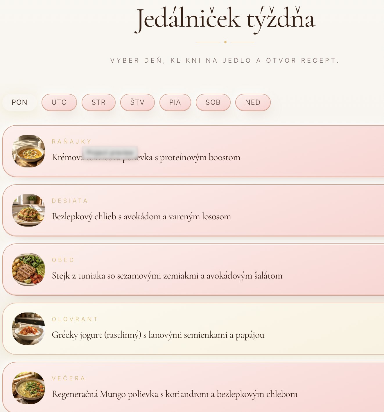 NutriGlow aplikácia – Jedálniček týždňa